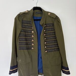 Zara Olive Military Blazer with Gold and Navy Accents